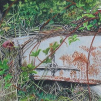 "Sad 'N' Blue" By N.E.Thompson, Original colored pencil artwork on stretched canvas, size 11x14 inches - Thumbnail 1