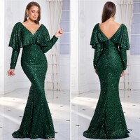Green Sequined Elegant V Neck Evening Gown - Thumbnail 1