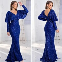Green Sequined Elegant V Neck Evening Gown - Thumbnail 6