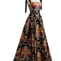 Satin Floral French Styles Sleeveless Evening Dress - Thumbnail 1