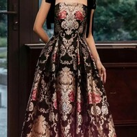 Satin Floral French Styles Sleeveless Evening Dress - Thumbnail 3