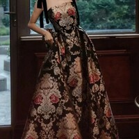 Satin Floral French Styles Sleeveless Evening Dress - Thumbnail 2