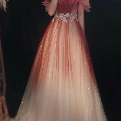 Red gradient off the shoulder tulle evening prom dress