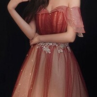 Red Gradient Off the Shoulder Tulle Evening Prom Dress - Thumbnail 1