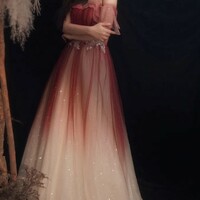 Red Gradient Off the Shoulder Tulle Evening Prom Dress - Thumbnail 3