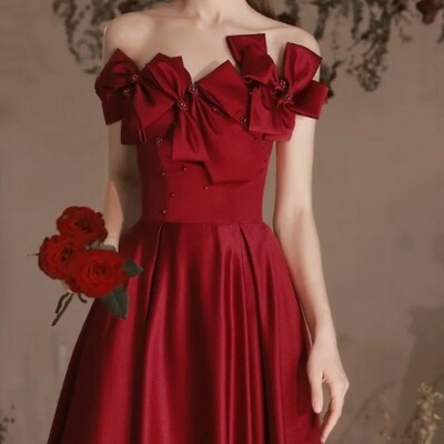 Wine red off the shoulder luxury evening gown