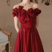Wine Red Off The Shoulder Luxury Evening Gown - Thumbnail 2