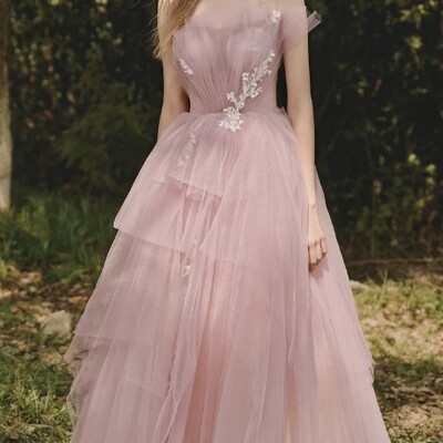 Beautiful french style off shoulder tulle women's evening party dress 