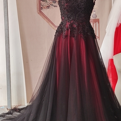 A-line black and red wedding dresses with lace appliques colored wedding gowns,1738