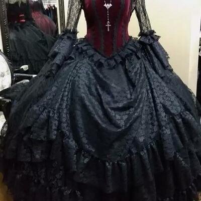 Vintage black gothic wedding dresses bridal ball gown long sleeves high neck velvet lace tiered,1740 - Thumbnail 1