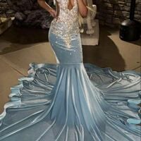 Baby Blue Mermaid Lace Appliques Afrcian Prom Dress Evening Dress,1743 - Thumbnail 1