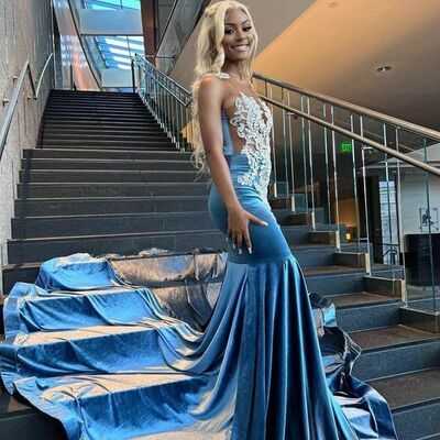 Baby blue mermaid lace afrcian prom dress evening dress,1745