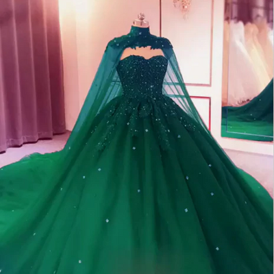 Crystals ball gown emerald green quinceanera dresses with cape free,1748