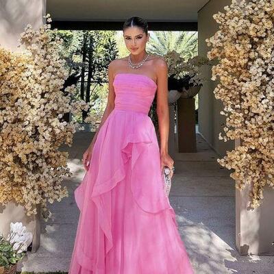 Simple a line tulle ruffle pink prom dresses strapless modest formal evening dresses simple a line tulle ruffle pink prom dresses strapless,1749