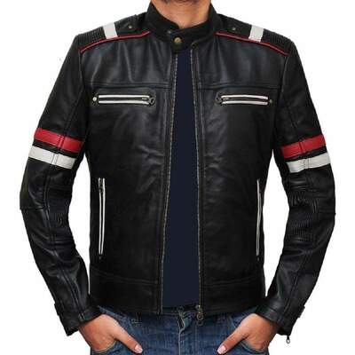 Men's fashion black leather zipper pocket red & white stripped biker handmade jacket