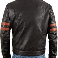 Men's Fashion Black Leather Zipper Pocket Brown Stripped Biker Handmade Jacket - Thumbnail 1