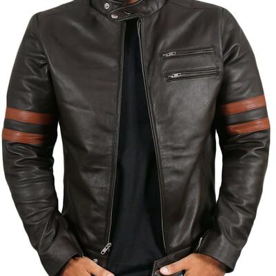 Men's fashion black leather zipper pocket brown stripped biker handmade jacket