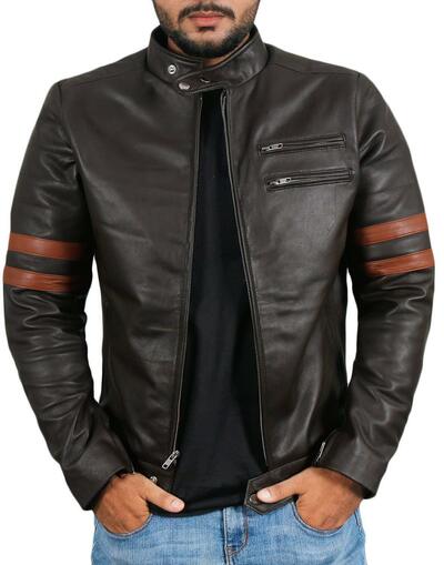 Men's Fashion Black Leather Zipper Pocket Brown Stripped Biker Handmade Jacket