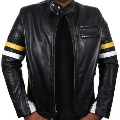 Men's fashion black leather zipper pocket yellow & white stripped biker handmade jacket