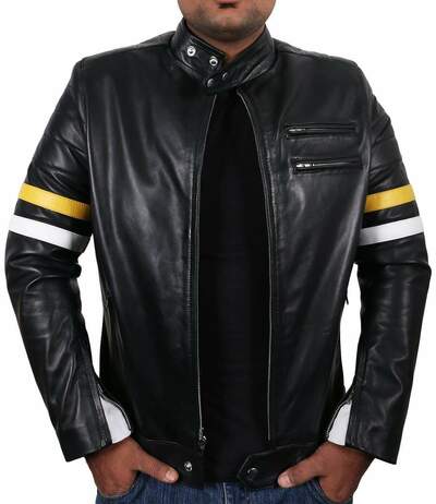 Men's Fashion Black Leather Zipper Pocket Yellow & White Stripped Biker Handmade Jacket