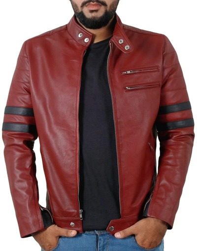 Men's Fashion Maroon Leather Zipper Pocket Navy Blue Stripped Biker Handmade Jacket