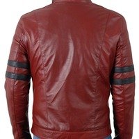 Men's Fashion Maroon Leather Zipper Pocket Navy Blue Stripped Biker Handmade Jacket - Thumbnail 1