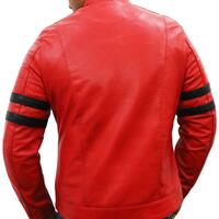 Men's Fashion Red Leather Zipper Pocket Black Stripped Biker Handmade Jacket - Thumbnail 1
