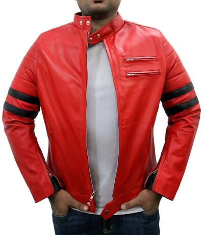 Men's Fashion Red Leather Zipper Pocket Black Stripped Biker Handmade Jacket