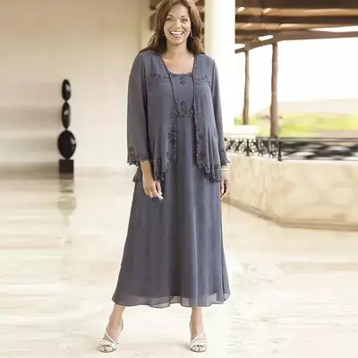 Plus Size Mother of The Bride/ Groom Dresses Gray Chiffon Lace Applique Tea Length A Line Mother Dresses With Jacket