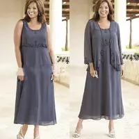Plus Size Mother of The Bride/ Groom Dresses Gray Chiffon Lace Applique Tea Length A Line Mother Dresses With Jacket - Thumbnail 1