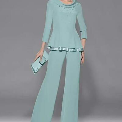Elegant chiffon mother's suit dress beaded bride pant suits two pieces plus size formal wear mother of the groom jumpsuit