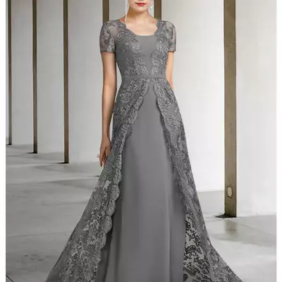Gray plus size mermaid long mother of the bride /groom dresses elegant v neck satin lace short sleeve guest party gowns robe de soriee new