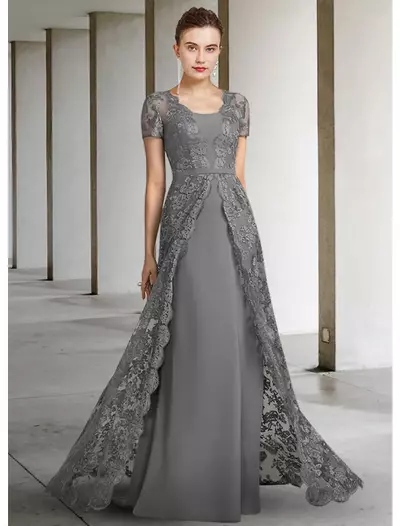 Gray Plus Size Mermaid Long Mother Of The Bride /Groom Dresses Elegant V Neck Satin Lace Short Sleeve Guest Party Gowns Robe De Soriee New