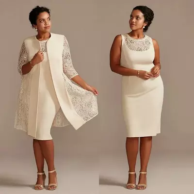 Mother's dresses ivory mother of the bride /groom scoop knee-length formal straight satin lace with jacket 3/4 long sleeve