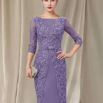 Sheath mother of the bride /groom dress elegant bateau neck knee length chiffon lace 3/4 length sleeve with bow(s) appliques robe de soiree