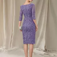 Sheath Mother of the Bride /Groom Dress Elegant Bateau Neck Knee Length Chiffon Lace 3/4 Length Sleeve with Bow(s) Appliques Robe De Soiree - Thumbnail 1