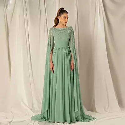 Mint green chiffon mother of the bride/groom dresses diamonds beading dubai formal gown split long sleeve wedding guest dress