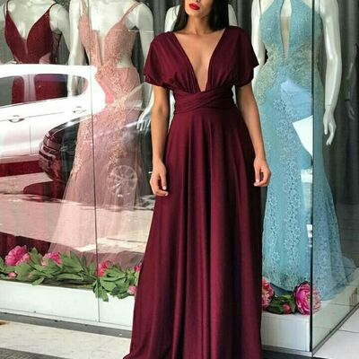 Simple burgundy wine red v neck prom dress graduation gown party dress  - Thumbnail 2