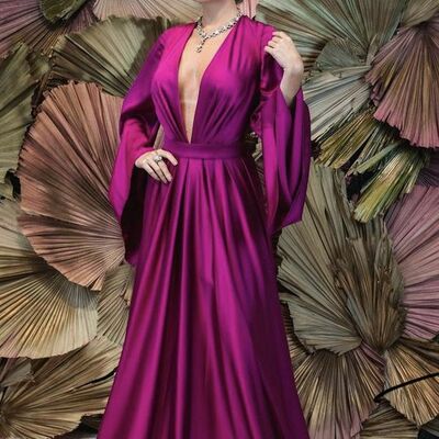 Simple burgundy hot pink fuchsia v neck prom dress graduation gown party dress  - Thumbnail 1