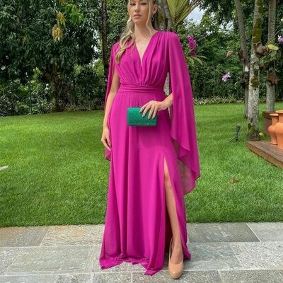 Simple hot pink fuchsia v neck prom dress graduation gown party dress  - Thumbnail 2