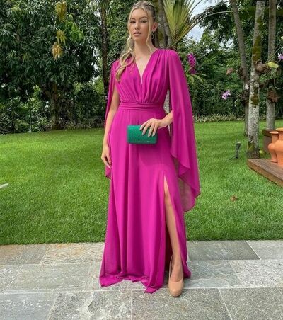 Simple Hot Pink Fuchsia V Neck Prom Dress Graduation Gown Party Dress 