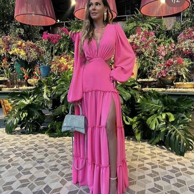 Simple pink chiffon side slit prom dress formal gown party dress  - Thumbnail 2