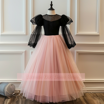 Pink and black tulle long sleeve flower girl dresses brithday party princess first communion pageant child clothing w8-5.7