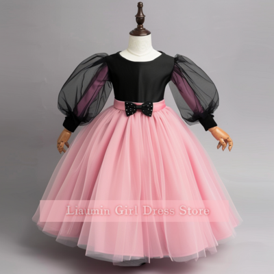 Cute Pink And Black Tulle Long Sleeve Flower Girl Dresses Brithday Party Princess First Communion Pageant Child Skirt W8-8.2