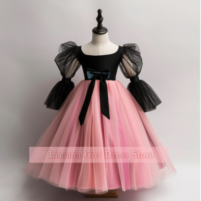 Cute pink and black tulle long sleeve flower girl dresses brithday party princess first communion pageant child skirt w8-8.4
