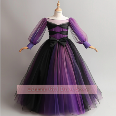 Cute purple and black tulle long sleeve flower girl dresses brithday party princess first communion pageant child skirt w8-9.8