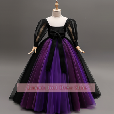 Cute purple and black tulle long sleeve flower girl dresses brithday party princess first communion pageant child skirt w8-9.6