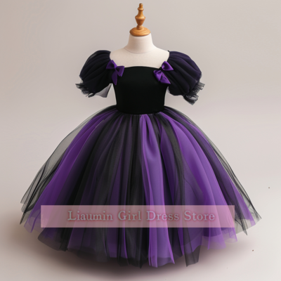 Cute purple and black tulle long sleeve flower girl dresses brithday party princess first communion pageant child skirt w8-9.7