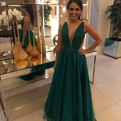 Dark green beading crystals v neck prom dress formal gown party dress  - Thumbnail 2