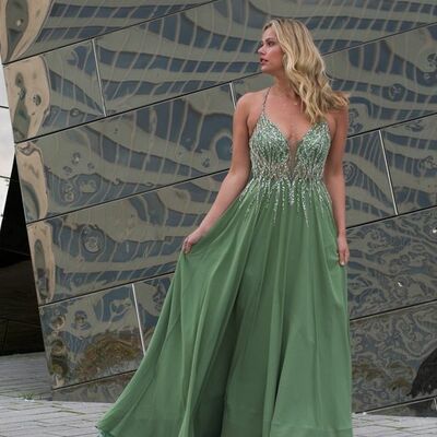 Mint green beading crystals v neck prom dress formal gown party dress  - Thumbnail 2